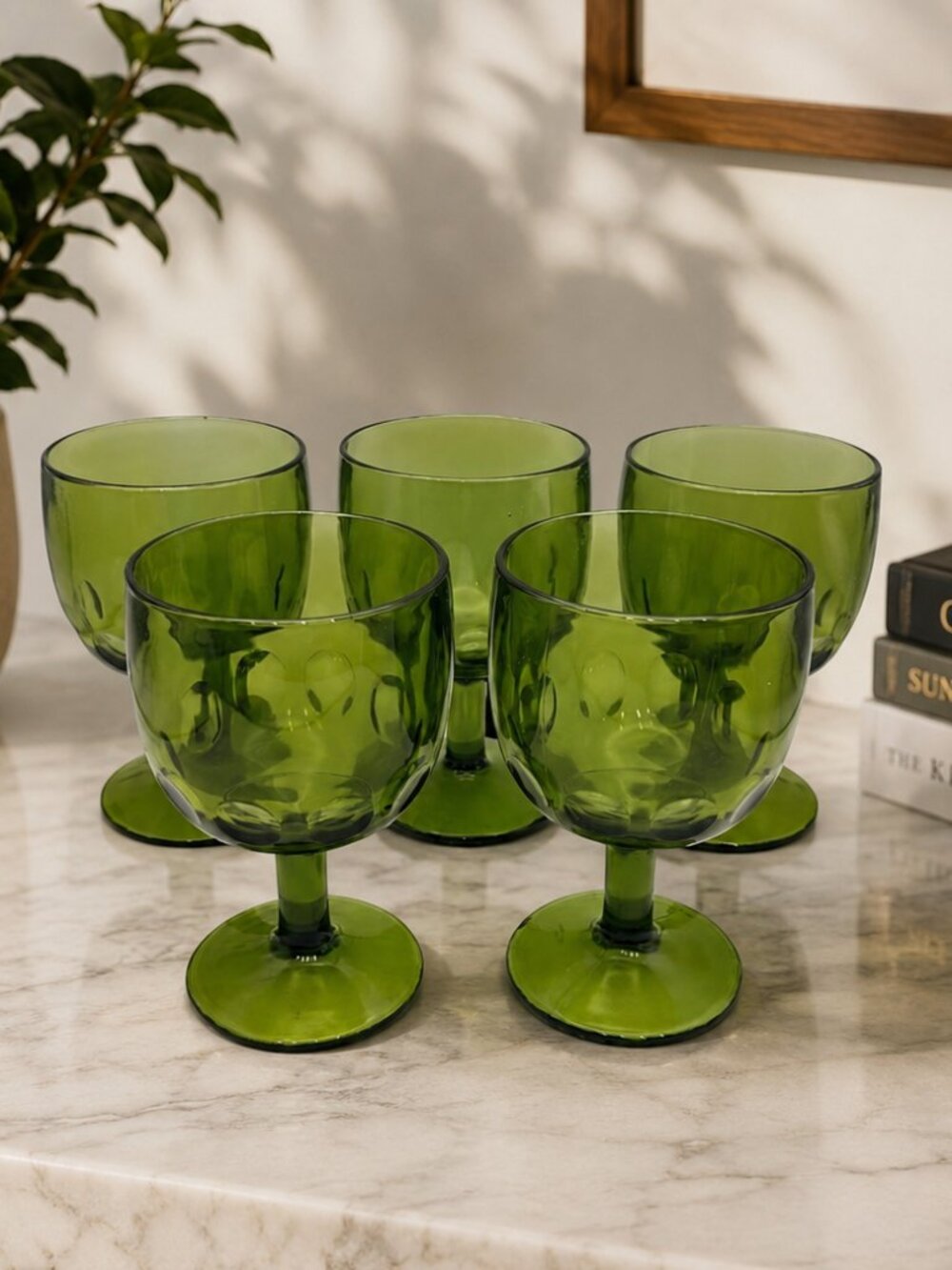Vintage Bartlett Collin 1970s Avocado Green Thumbprint Goblets –Coin Dot Glasses